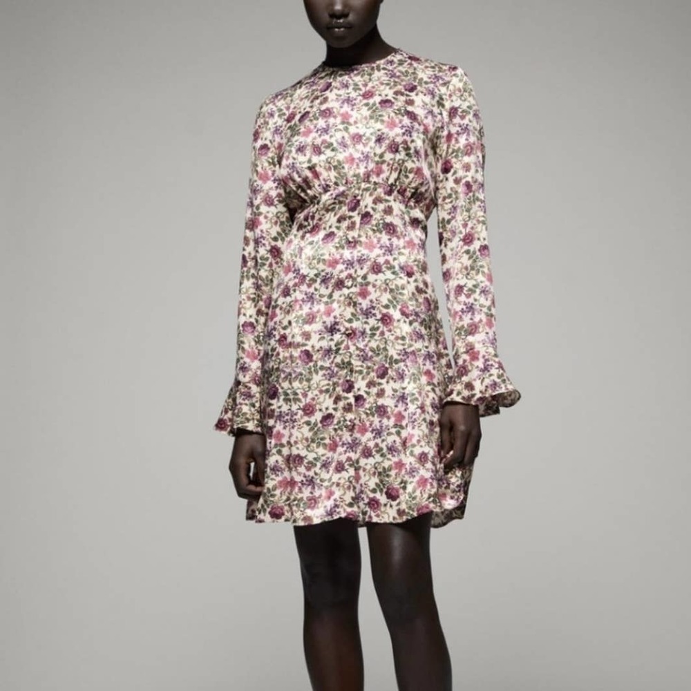 NWT Zara Satin Effect Printed Floral Mini Dress XS Pink Cream